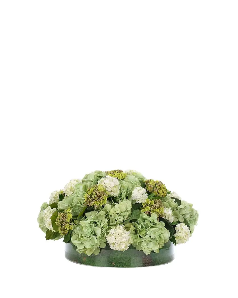 Natural Decorations Snowball Hydrangeas 8" Faux Floral Arrangement in Moss Glass Vase