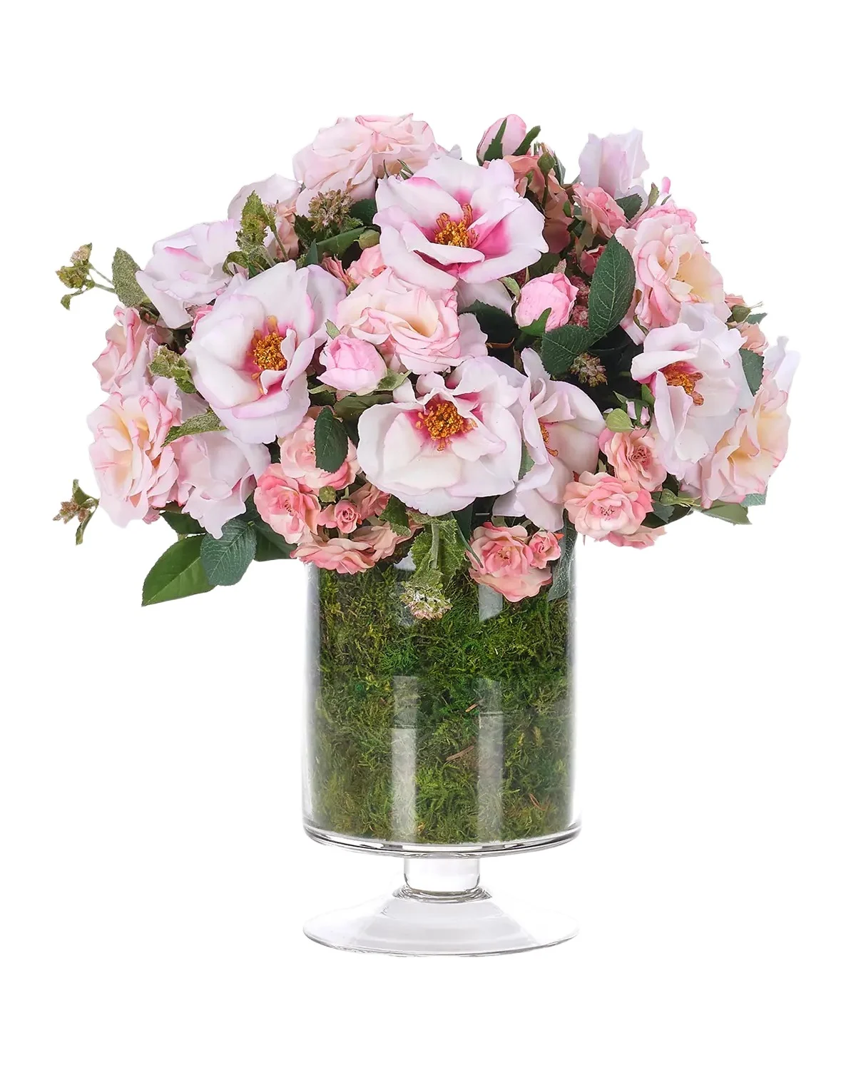 Natural Decorations Roses 12" Faux Floral Arrangement in Moss Glass Footed Vase
