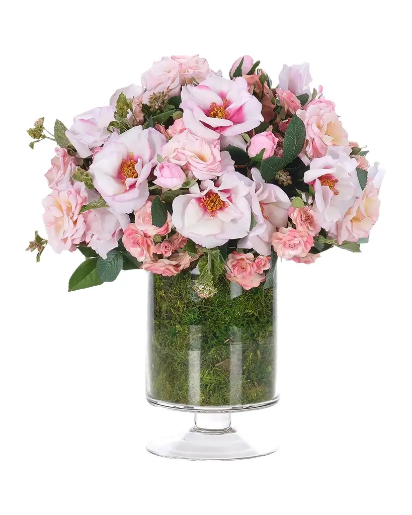 Natural Decorations Roses 12" Faux Floral Arrangement in Moss Glass Footed Vase
