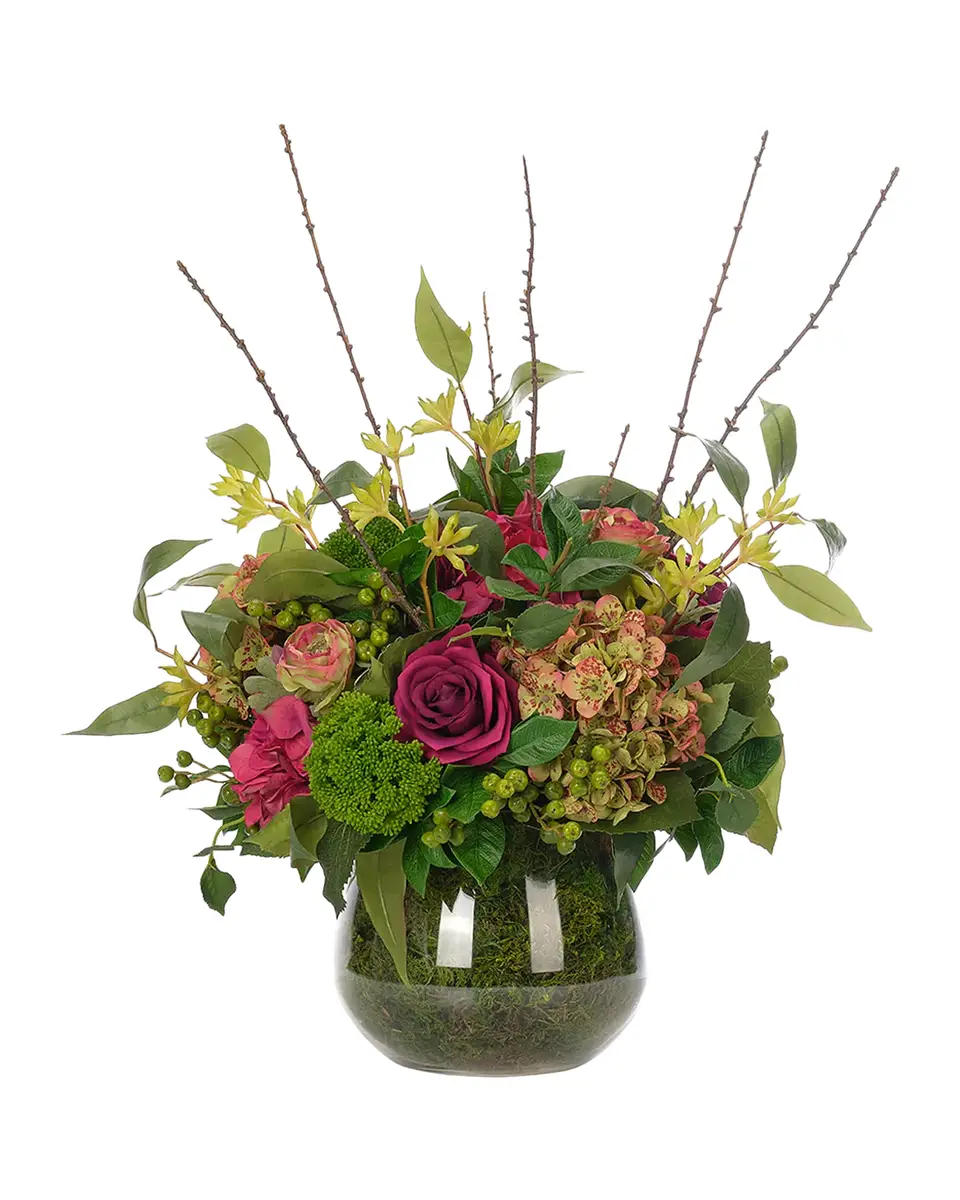 Natural Decorations Roses & Hydrangeas 15" Faux Floral Arrangement in Moss Glass Vase | Thumbnail 2 Natural Decorations Roses & Hydrangeas 15" Faux Floral Arrangement in Moss Glass Vase | Thumbnail 2