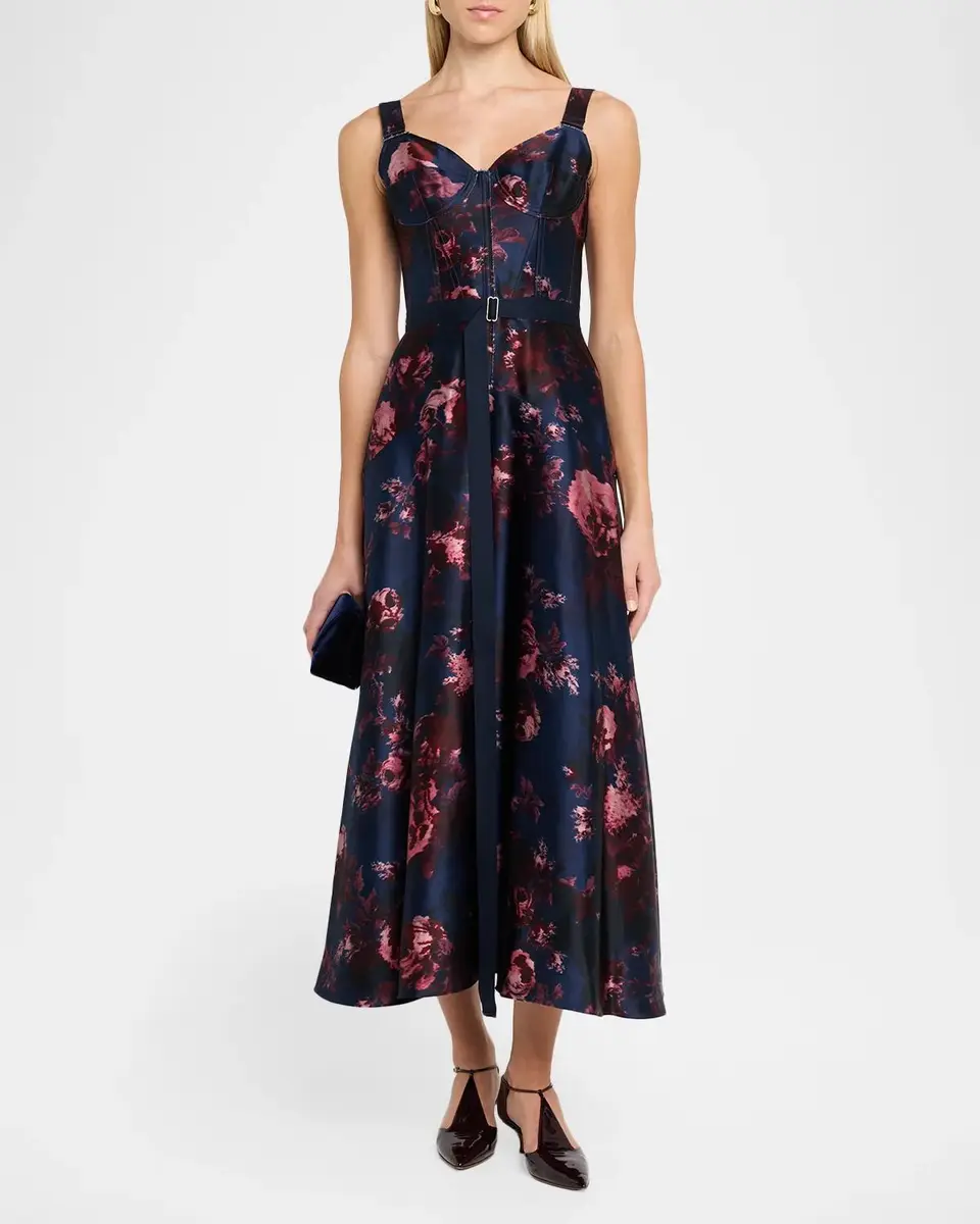Erdem Rose-Print Duchess Satin Bustier Midi Dress With Belt | Thumbnail 2