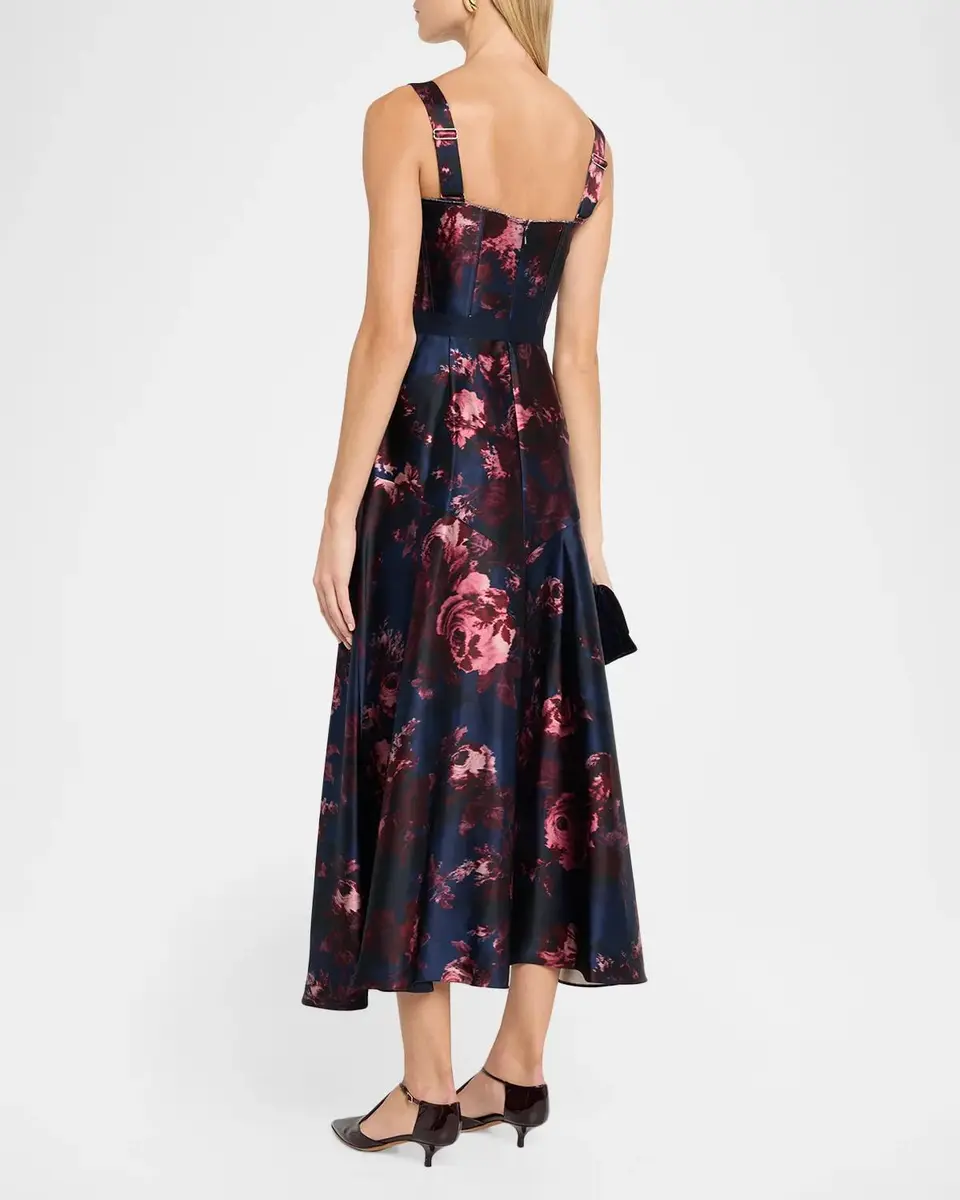 Erdem Rose-Print Duchess Satin Bustier Midi Dress With Belt | Thumbnail 3