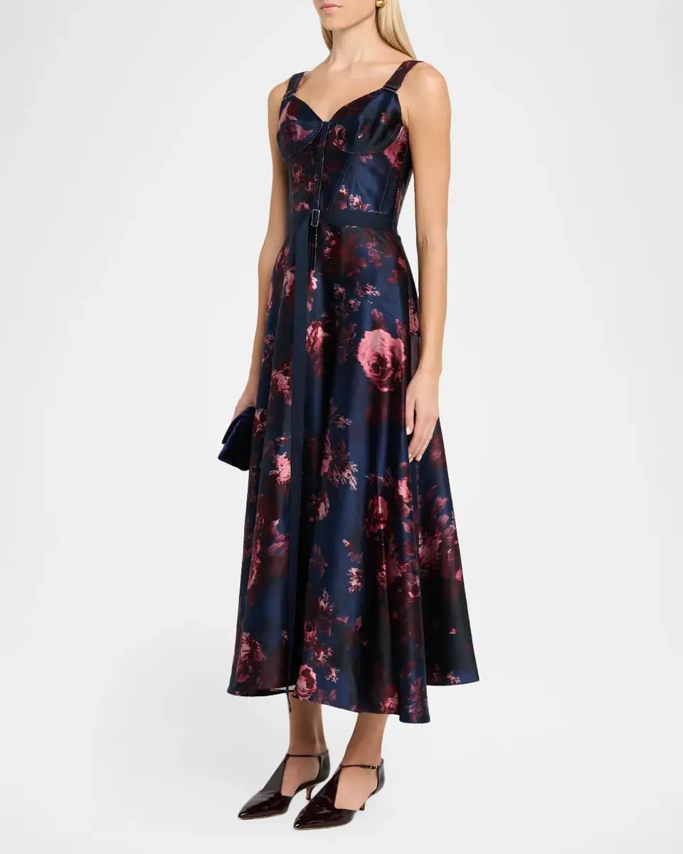 Erdem Rose-Print Duchess Satin Bustier Midi Dress With Belt | Thumbnail 4