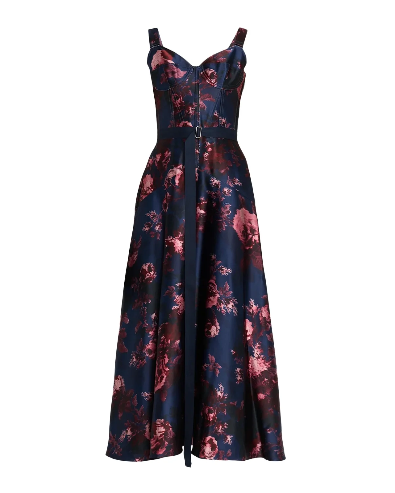 Erdem Rose-Print Duchess Satin Bustier Midi Dress With Belt