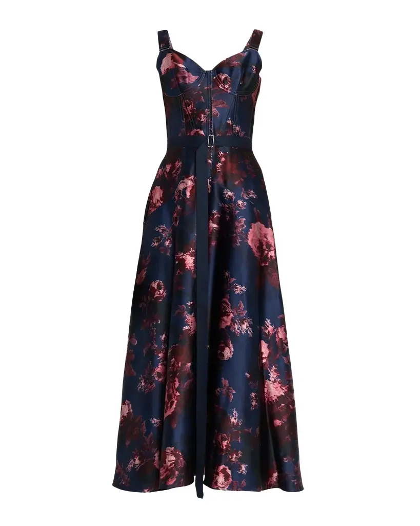 Rose-Print Duchess Satin Bustier Midi Dress With Belt Rose-Print Duchess Satin Bustier Midi Dress With Belt