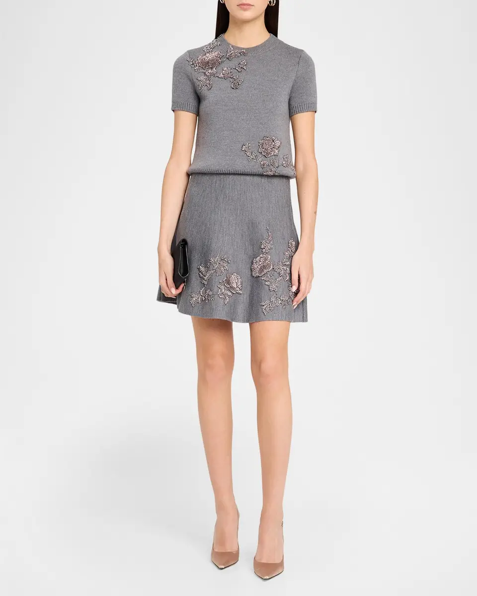 Oscar de la Renta Floral Bead Embroidered Wool Knit Mini Skirt | Thumbnail 2 Oscar de la Renta Floral Bead Embroidered Wool Knit Mini Skirt | Thumbnail 2