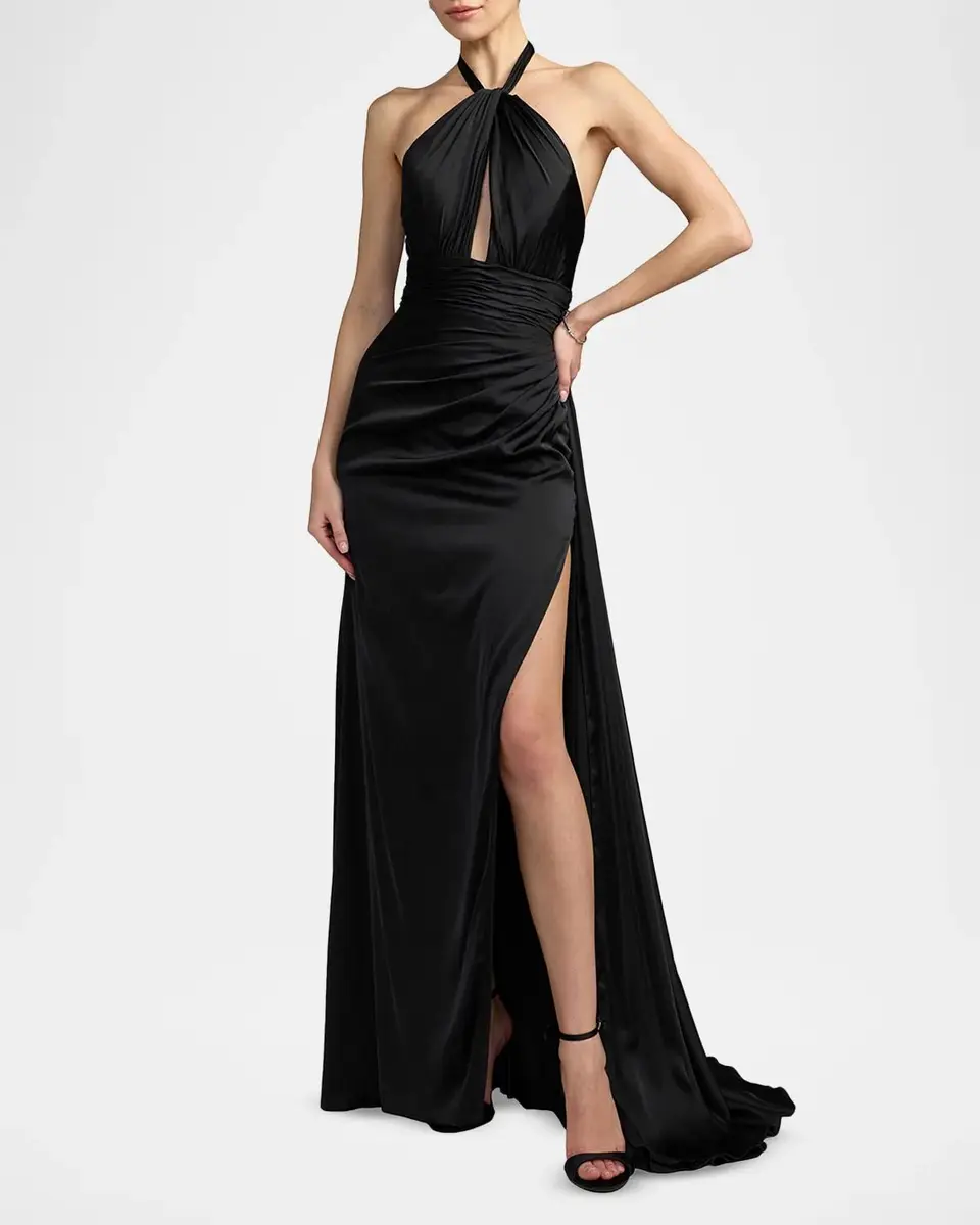 Mac Duggal Satin Side-Slit Halter Gown | Thumbnail 2 Mac Duggal Satin Side-Slit Halter Gown | Thumbnail 2