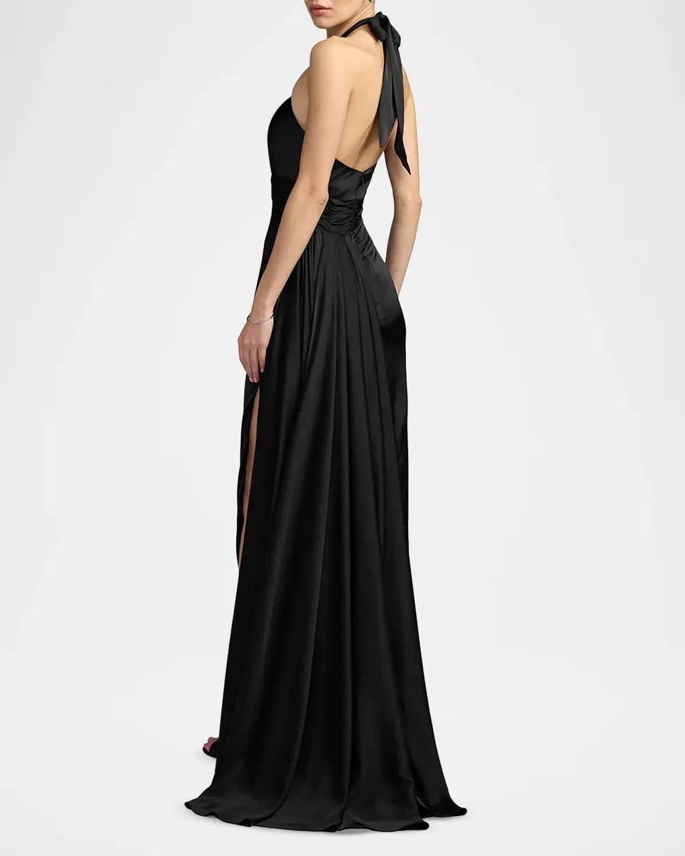Mac Duggal Satin Side-Slit Halter Gown | Thumbnail 3 Mac Duggal Satin Side-Slit Halter Gown | Thumbnail 3