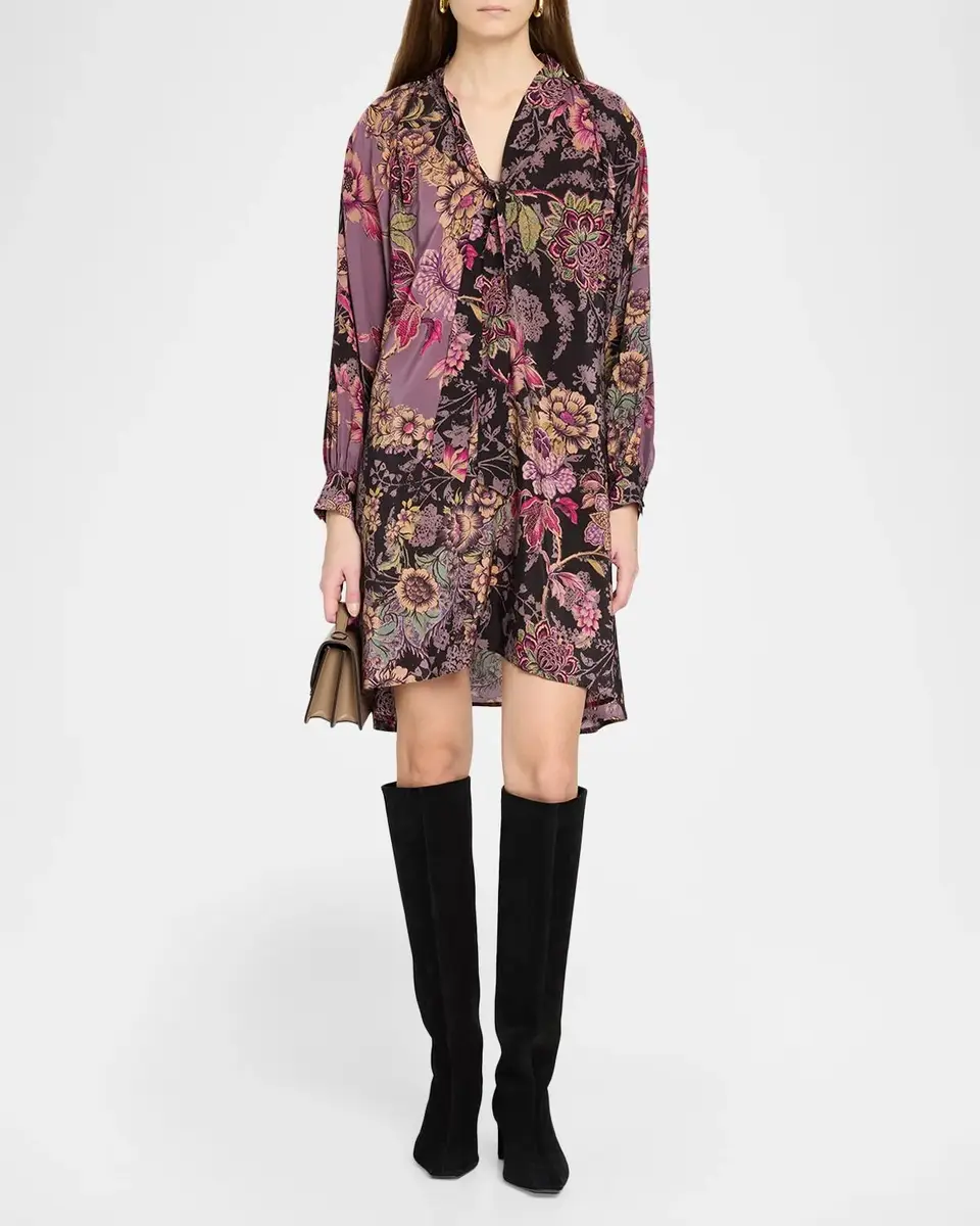 Johnny Was Magaly Tie-Neck Floral Silk Mini Dress | Thumbnail 2 Johnny Was Magaly Tie-Neck Floral Silk Mini Dress | Thumbnail 2