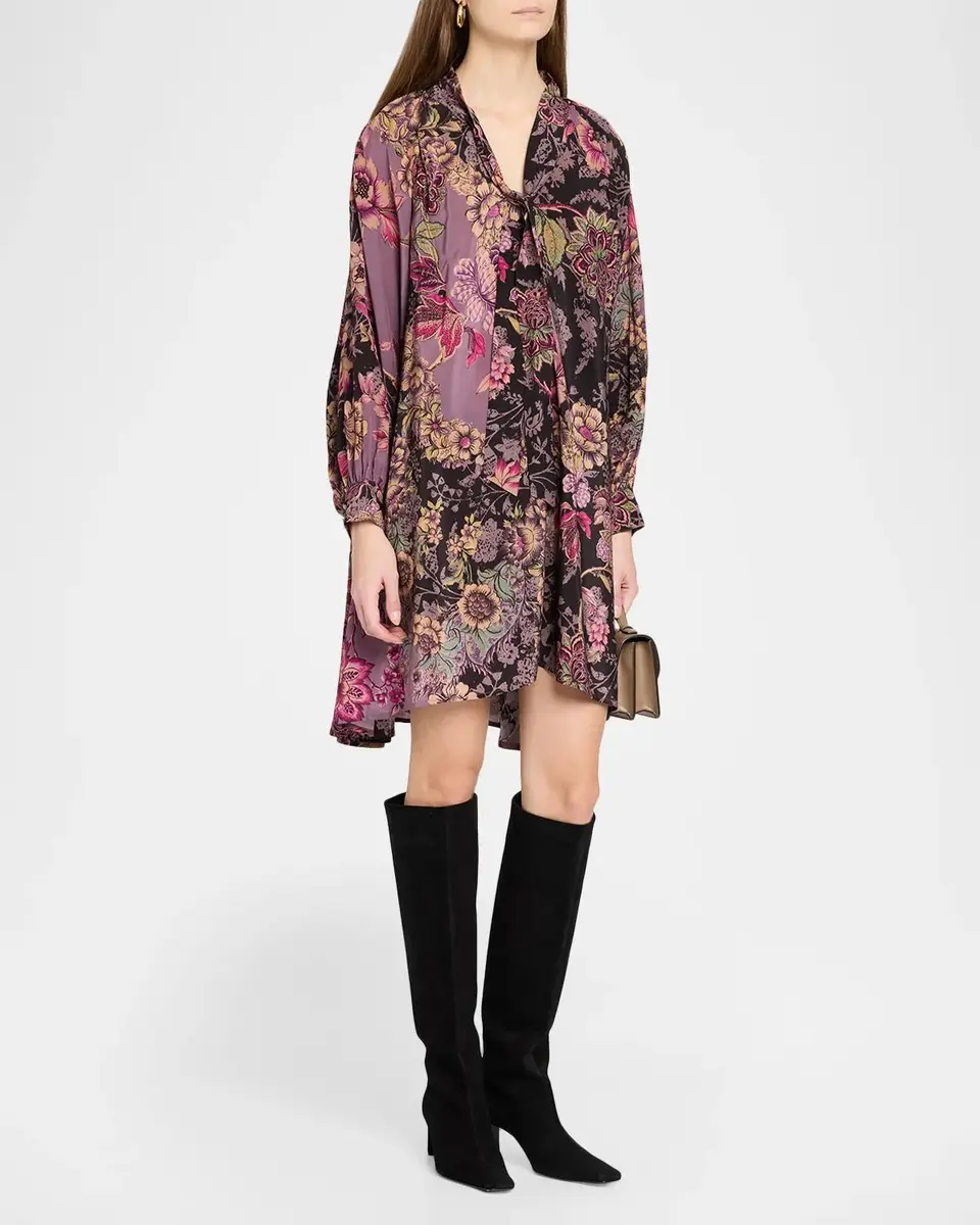Johnny Was Magaly Tie-Neck Floral Silk Mini Dress | Thumbnail 4 Johnny Was Magaly Tie-Neck Floral Silk Mini Dress | Thumbnail 4