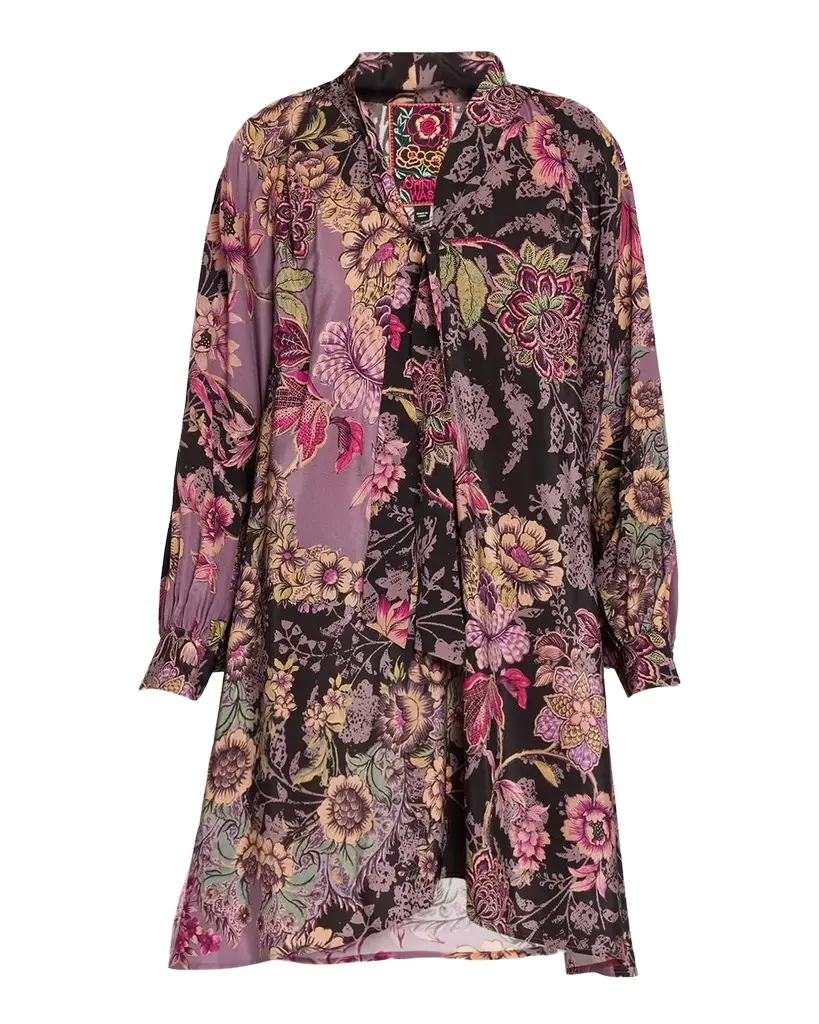 Johnny Was Magaly Tie-Neck Floral Silk Mini Dress