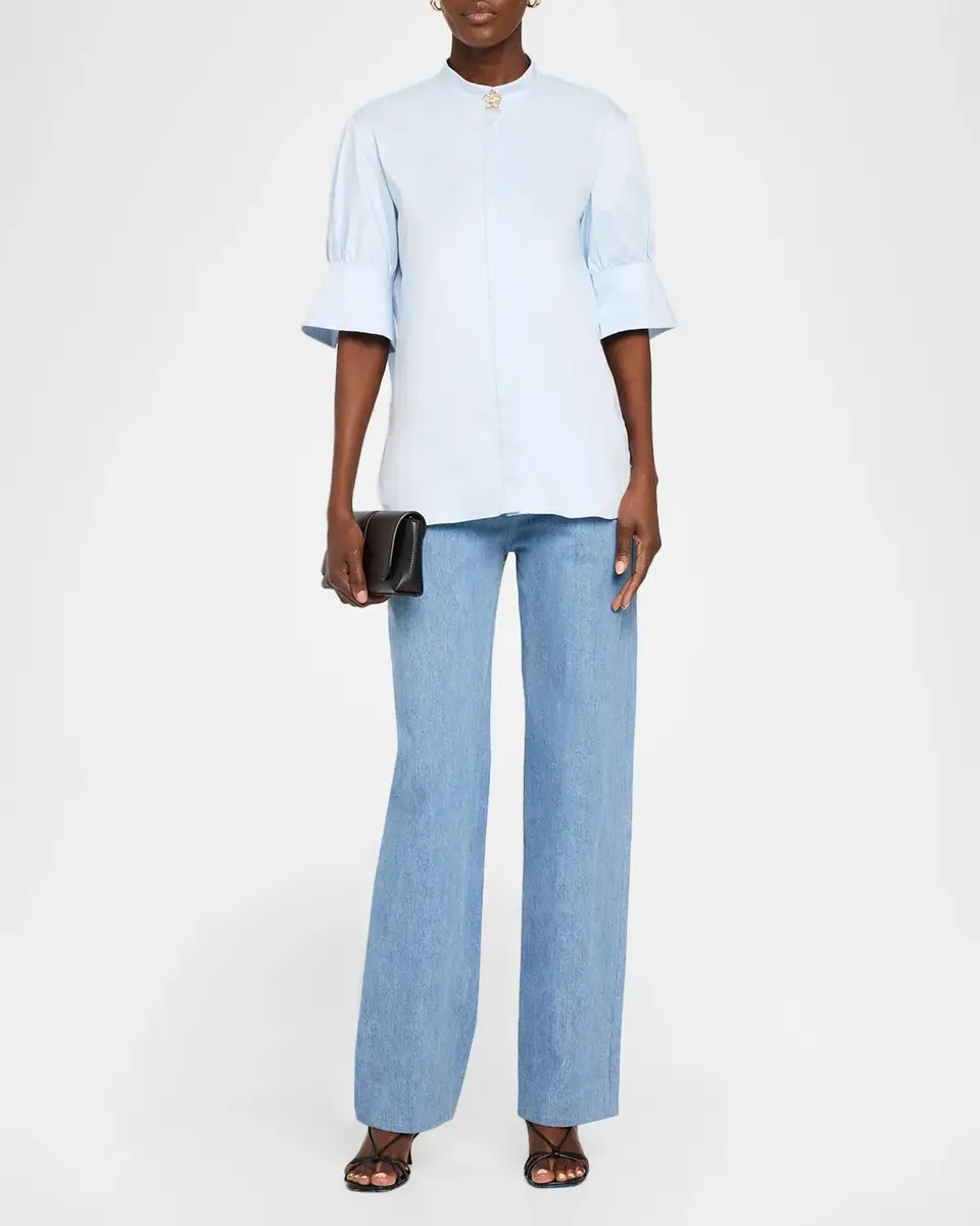 Oscar de la Renta Short-Sleeve Cotton Poplin Button-Down Shirt | Thumbnail 2