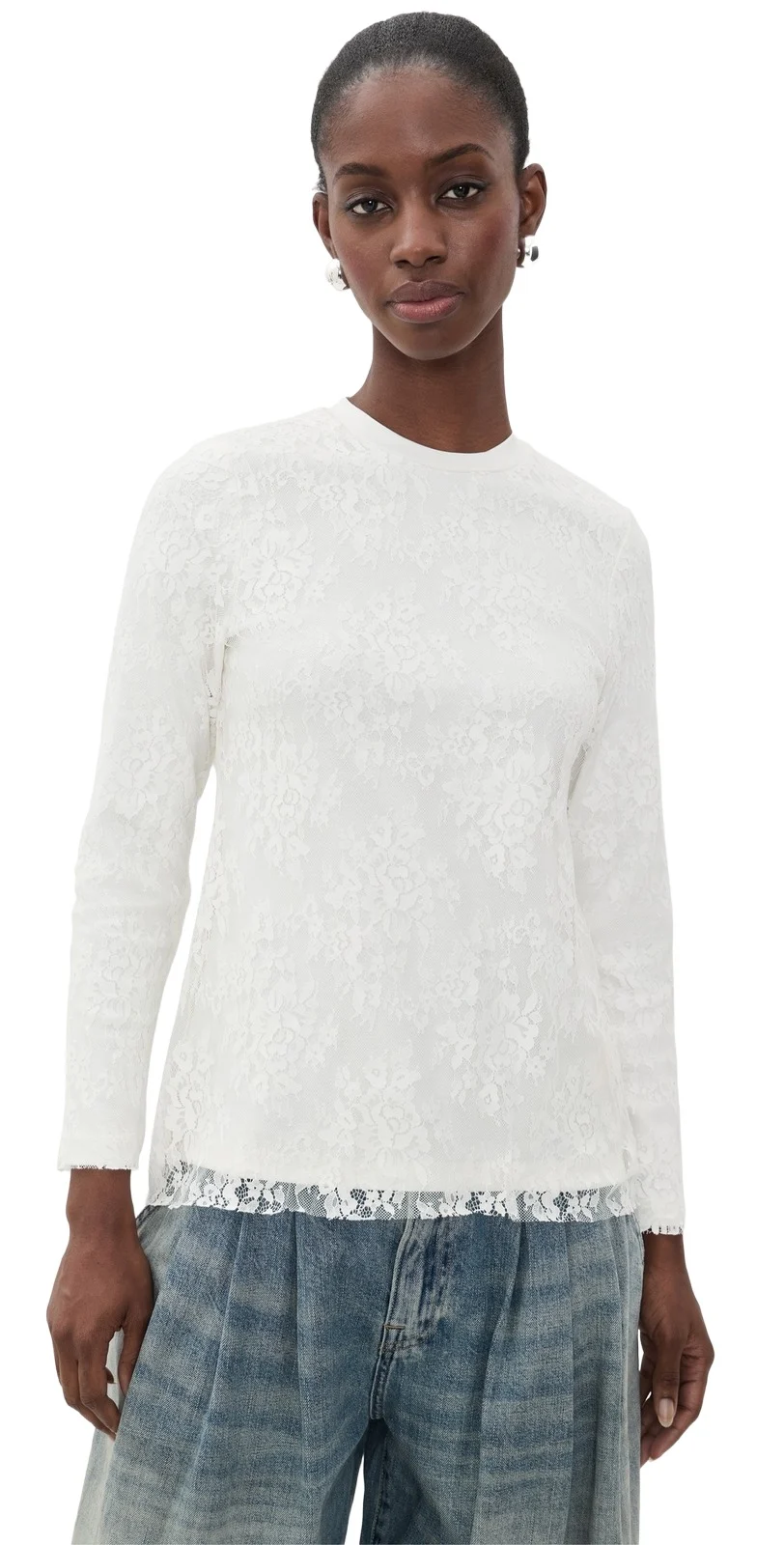 MARQUES ALMEIDA Long Sleeve T-Shirt with Lace Overlay Cream
