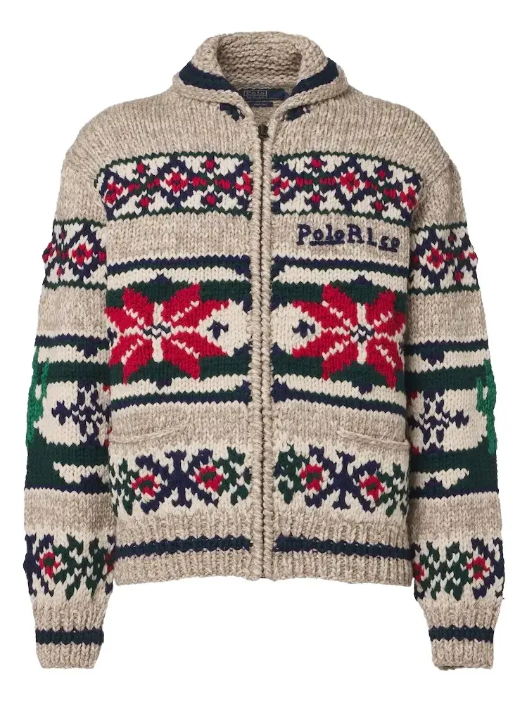 Intarsia wool zip-up cardigan