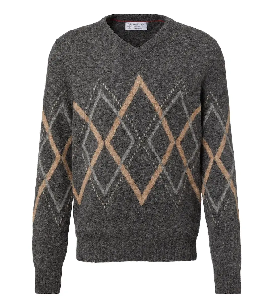Brunello Cucinelli Argyle alpaca, cashmere, and wool-blend sweater