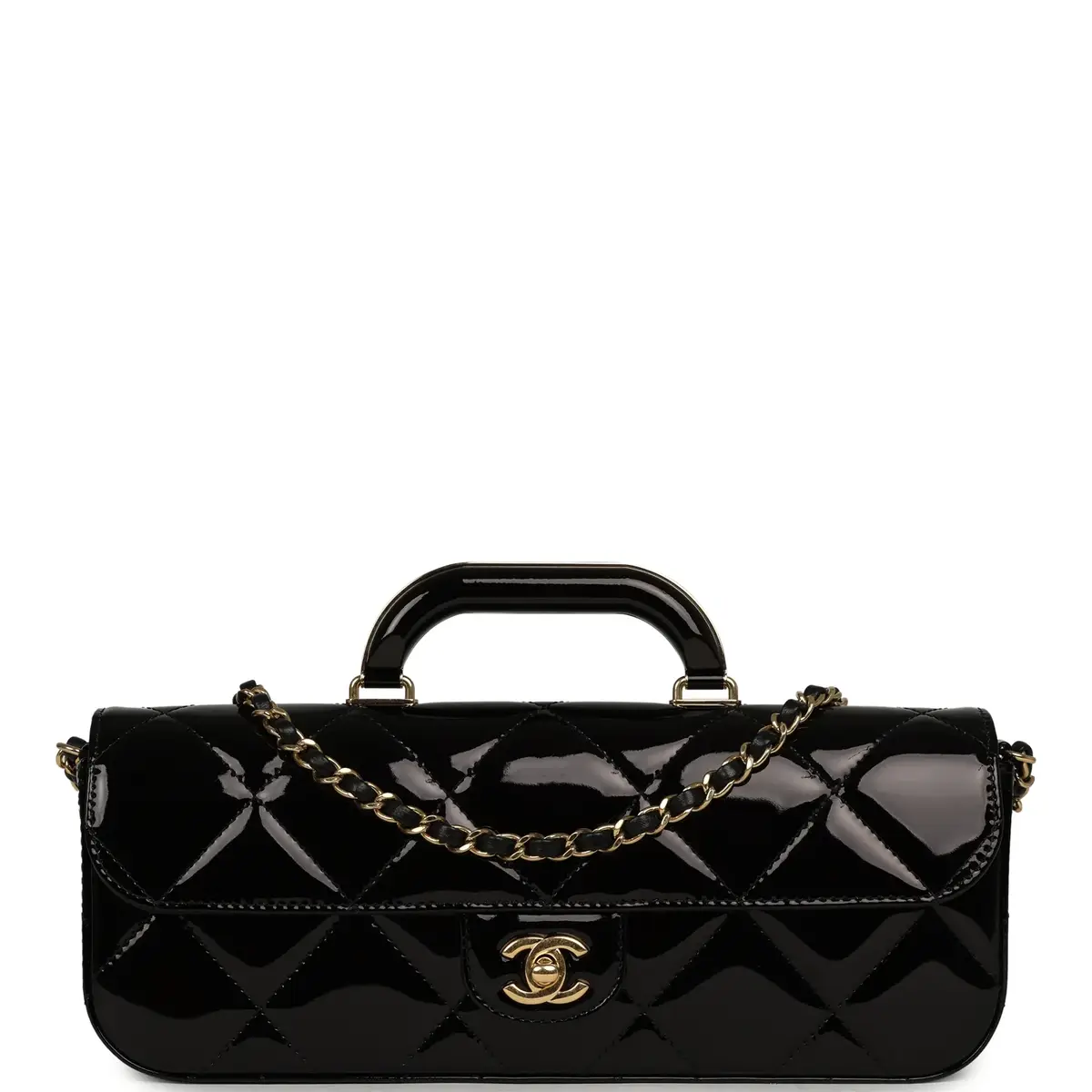 Chanel Chanel Large Top Handle Long Flap Bag with Chain Black Mirror Calfskin Gold Hardware