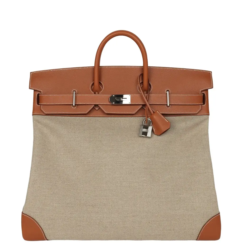 Pre-owned Hermes Birkin HAC 50 Gold Evercolor, Toile De Camp Palladium Hardware Pre-owned Hermes Birkin HAC 50 Gold Evercolor, Toile De Camp Palladium Hardware