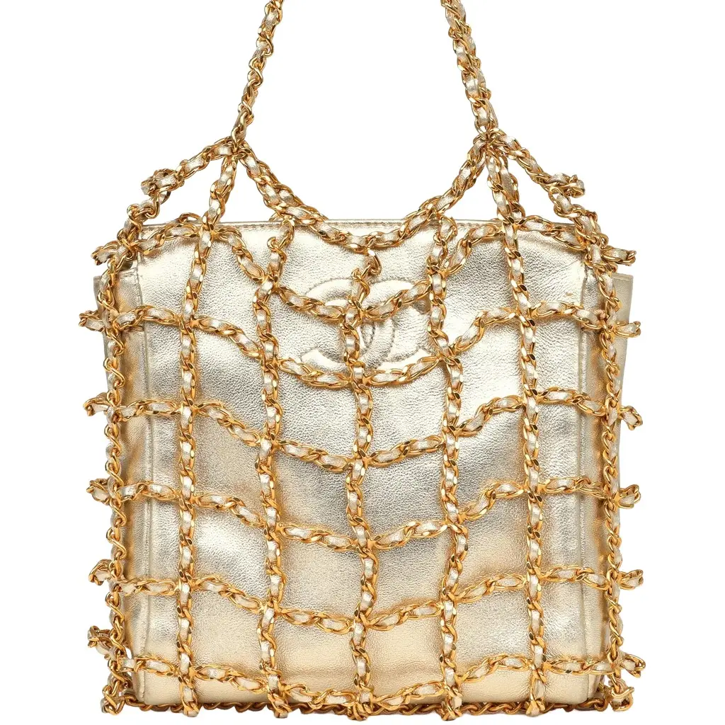 Vintage Chanel Caged Chain Bag Gold Metallic Lambskin Gold Hardware Vintage Chanel Caged Chain Bag Gold Metallic Lambskin Gold Hardware