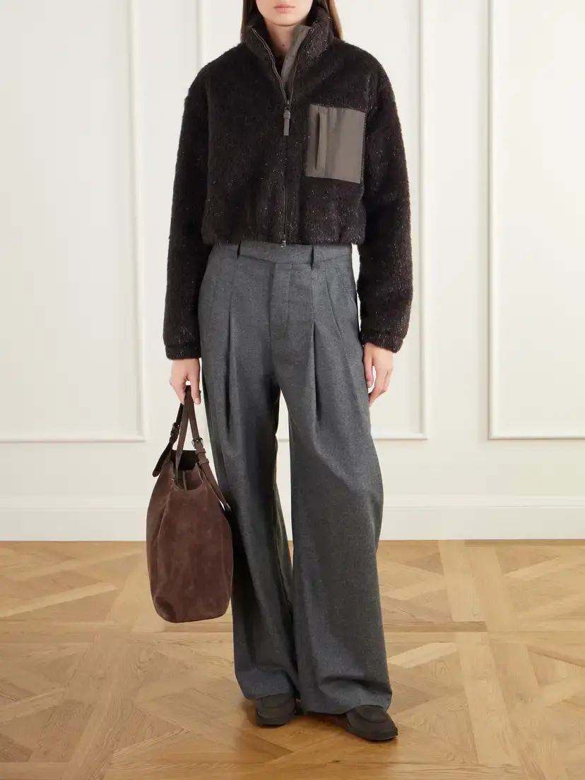 Brunello Cucinelli Bead-embellished Cropped Padded Leather And Shell-trimmed Plush Jacket | Thumbnail 2 Brunello Cucinelli Bead-embellished Cropped Padded Leather And Shell-trimmed Plush Jacket | Thumbnail 2