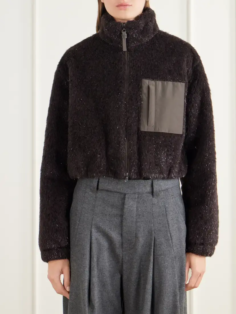 Brunello Cucinelli Bead-embellished Cropped Padded Leather And Shell-trimmed Plush Jacket | Thumbnail 3 Brunello Cucinelli Bead-embellished Cropped Padded Leather And Shell-trimmed Plush Jacket | Thumbnail 3