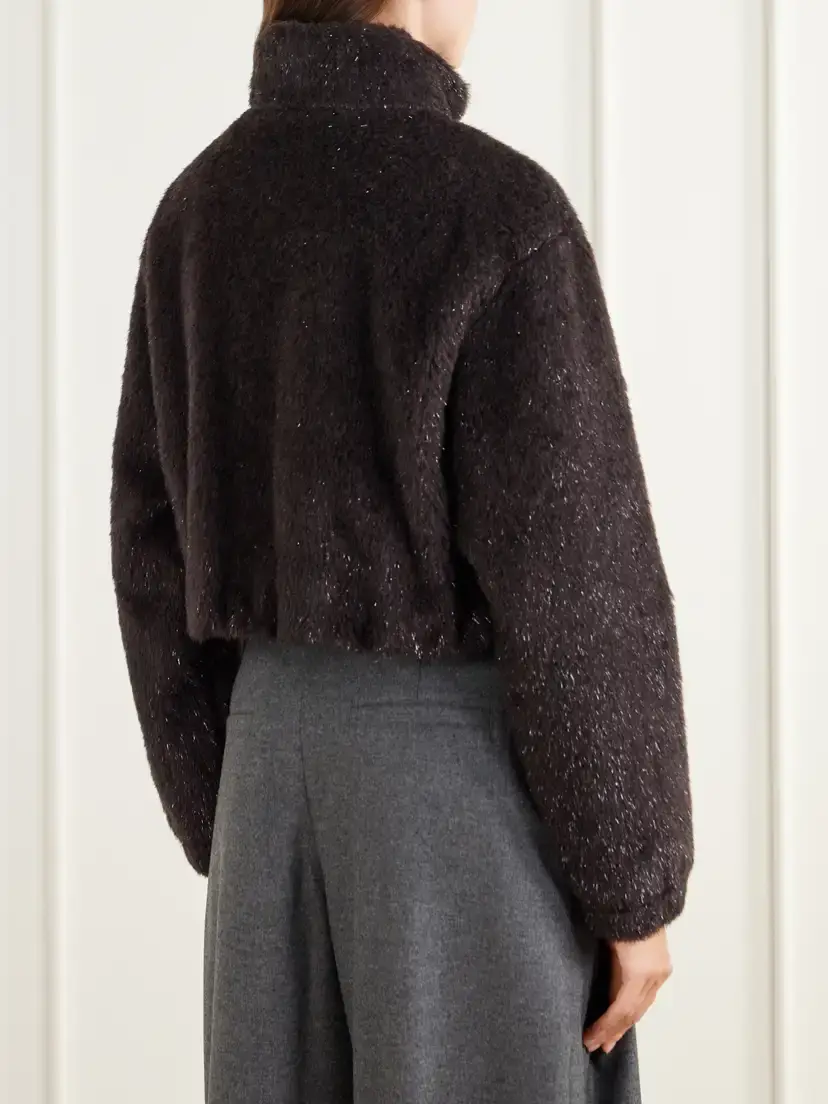 Brunello Cucinelli Bead-embellished Cropped Padded Leather And Shell-trimmed Plush Jacket | Thumbnail 4 Brunello Cucinelli Bead-embellished Cropped Padded Leather And Shell-trimmed Plush Jacket | Thumbnail 4