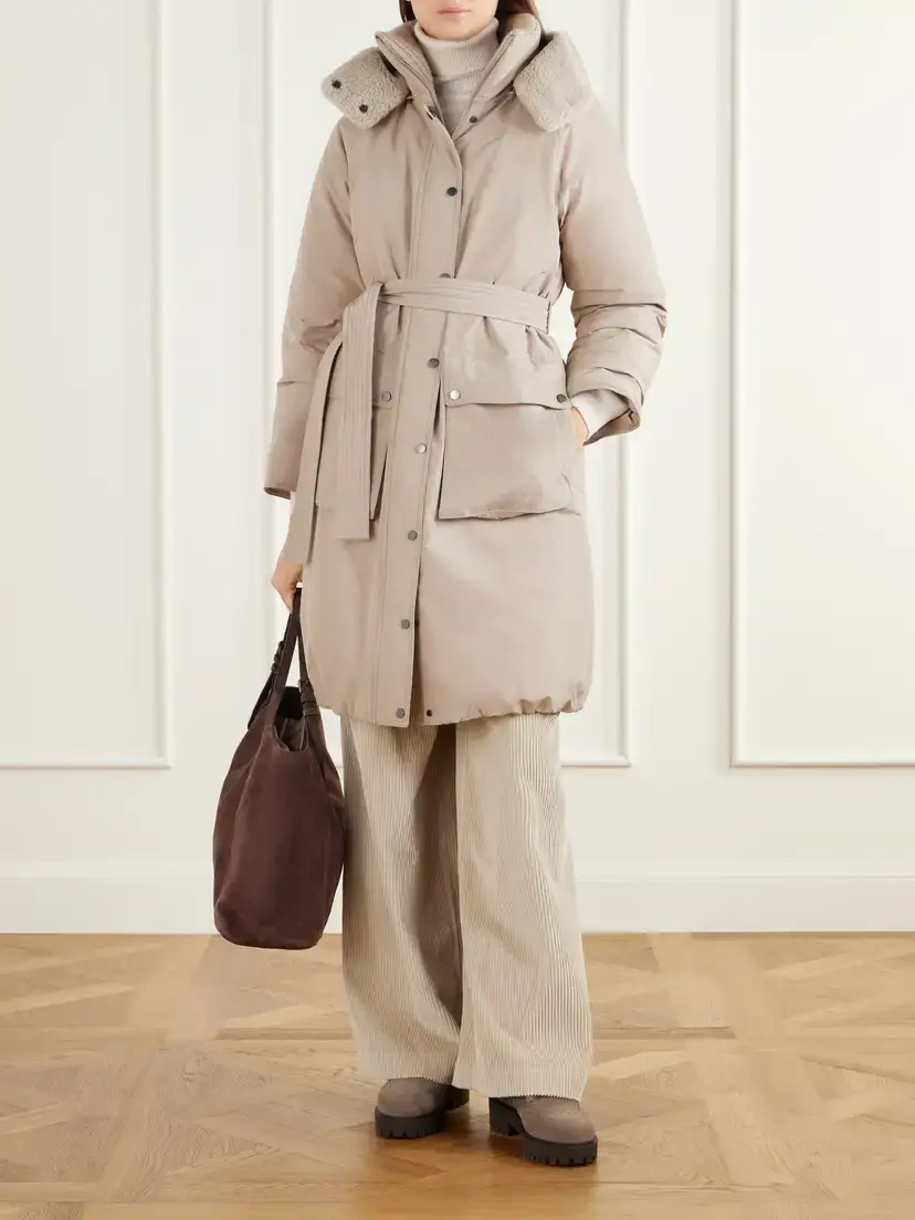 Brunello Cucinelli Hooded Belted Plush-trimmed Cotton-blend Shell Down Coat | Thumbnail 2 Brunello Cucinelli Hooded Belted Plush-trimmed Cotton-blend Shell Down Coat | Thumbnail 2