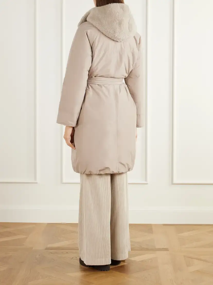 Brunello Cucinelli Hooded Belted Plush-trimmed Cotton-blend Shell Down Coat | Thumbnail 4 Brunello Cucinelli Hooded Belted Plush-trimmed Cotton-blend Shell Down Coat | Thumbnail 4