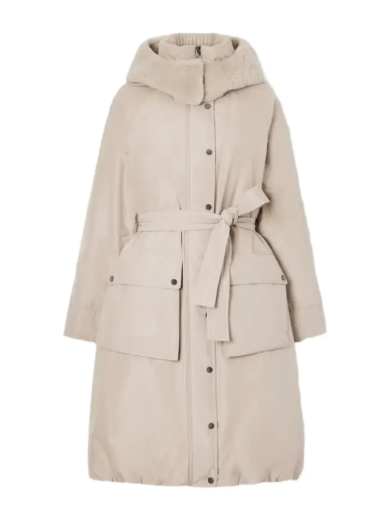 Brunello Cucinelli Hooded Belted Plush-trimmed Cotton-blend Shell Down Coat