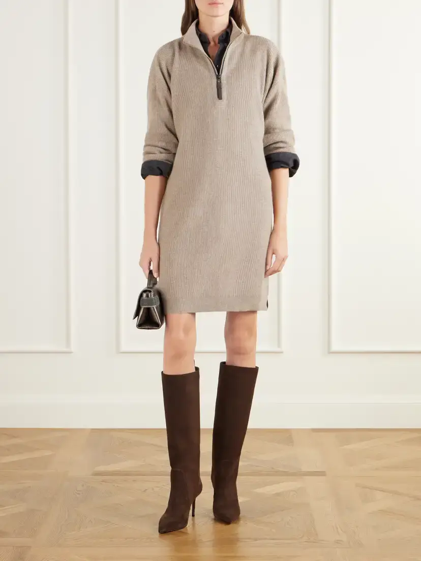 Brunello Cucinelli Bead-embellished Ribbed Wool Cashmere And Silk-blend Knitted Mini Dress | Thumbnail 2 Brunello Cucinelli Bead-embellished Ribbed Wool Cashmere And Silk-blend Knitted Mini Dress | Thumbnail 2