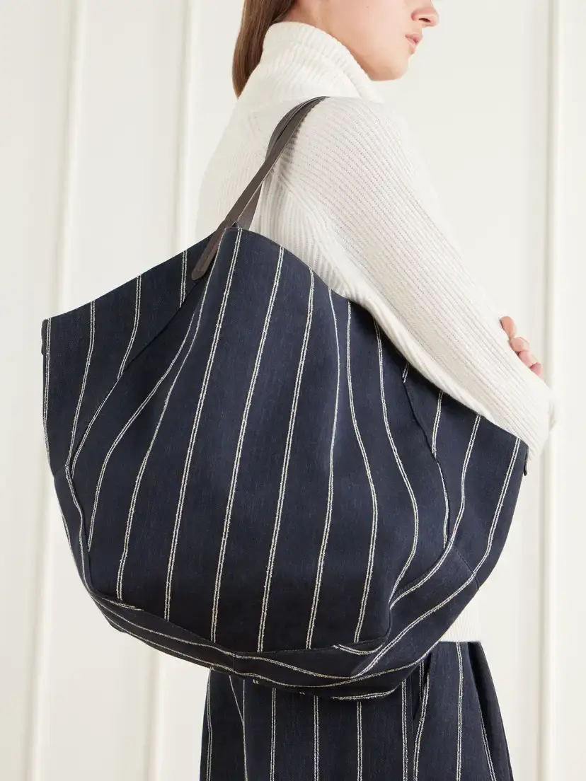 Brunello Cucinelli Reversible Monili-embellished Pinstriped Leather-trimmed Denim And Suede Tote - Blue | Thumbnail 2 Brunello Cucinelli Reversible Monili-embellished Pinstriped Leather-trimmed Denim And Suede Tote - Blue | Thumbnail 2