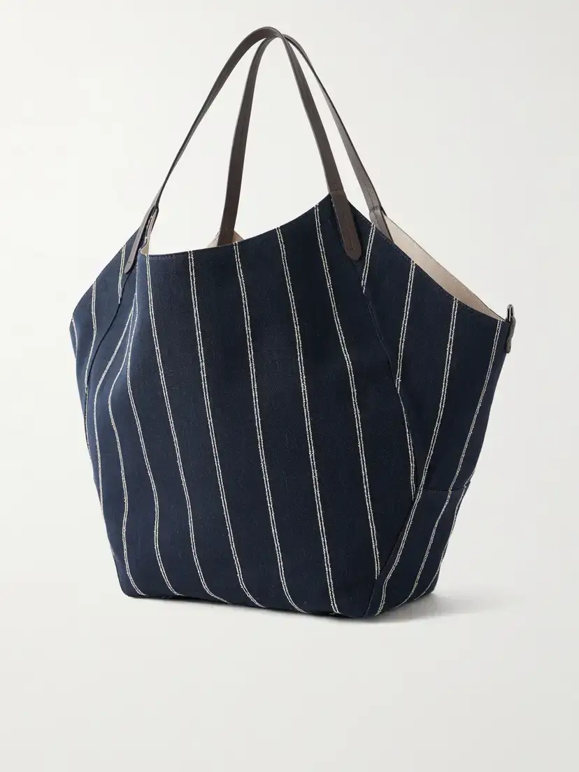 Brunello Cucinelli Reversible Monili-embellished Pinstriped Leather-trimmed Denim And Suede Tote - Blue | Thumbnail 4 Brunello Cucinelli Reversible Monili-embellished Pinstriped Leather-trimmed Denim And Suede Tote - Blue | Thumbnail 4