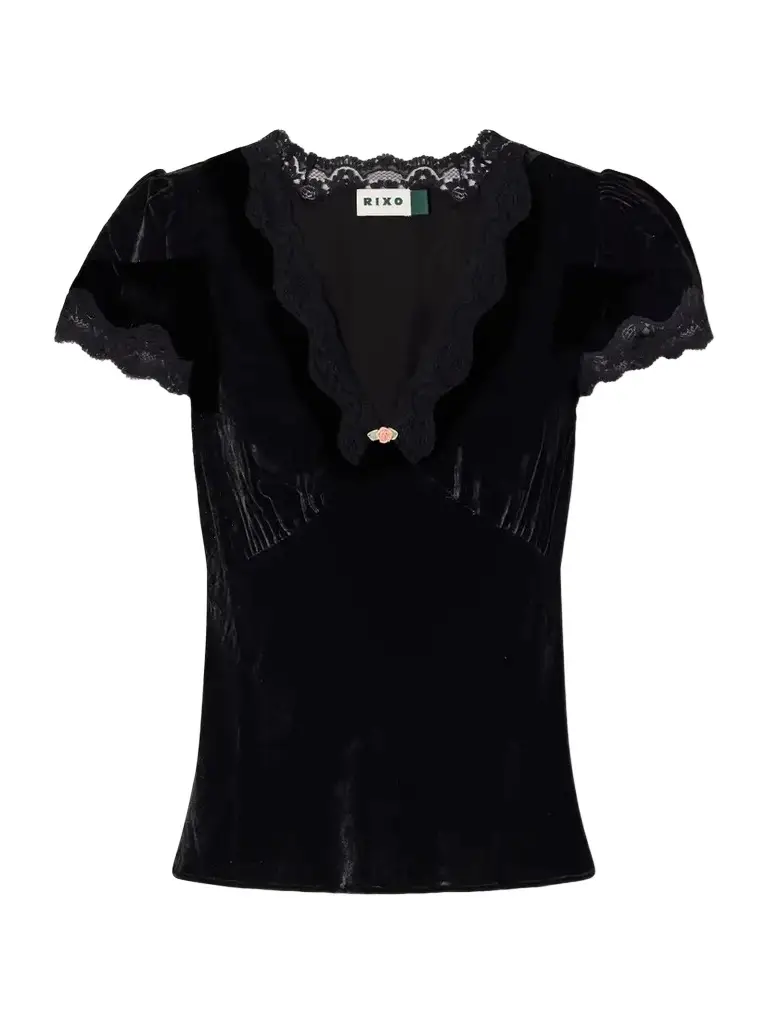 Karia Floral-appliquéd Gathered Lace-trimmed Velvet Blouse