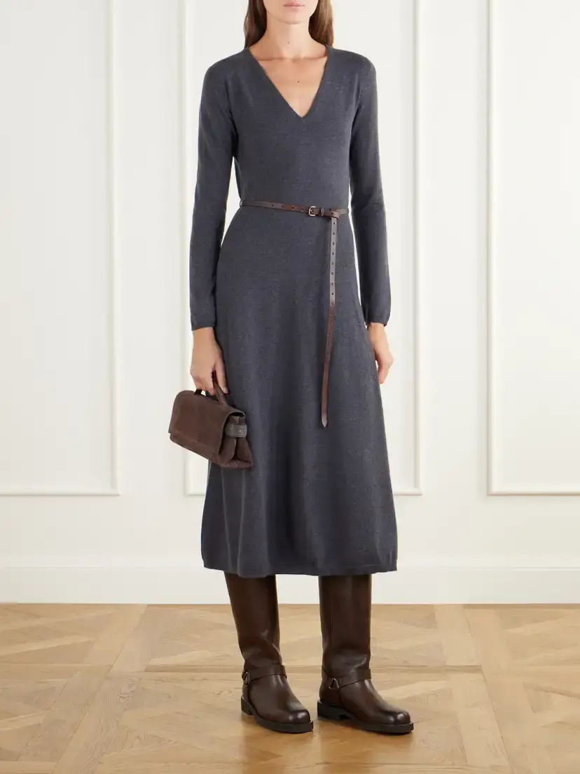 Brunello Cucinelli Belted Bead-embellished Cashmere Knitted Midi Dress | Thumbnail 2 Brunello Cucinelli Belted Bead-embellished Cashmere Knitted Midi Dress | Thumbnail 2