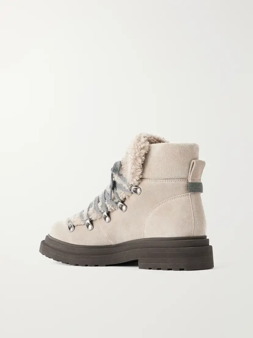 Brunello Cucinelli Bead-embellished Shearling-trimmed Suede Ankle Boots | Thumbnail 3 Brunello Cucinelli Bead-embellished Shearling-trimmed Suede Ankle Boots | Thumbnail 3