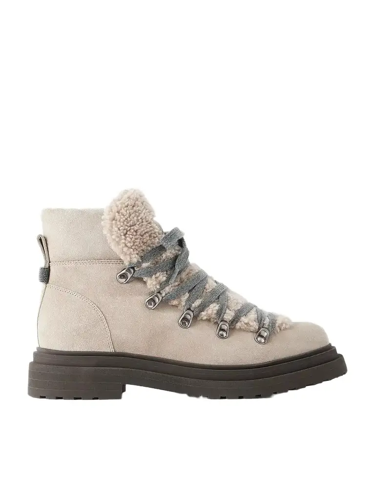 Bead-embellished Shearling-trimmed Suede Ankle Boots Bead-embellished Shearling-trimmed Suede Ankle Boots