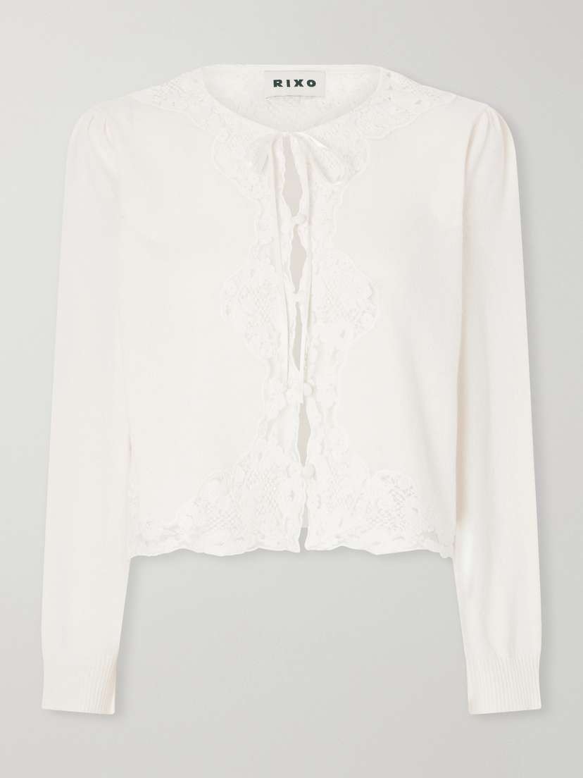 Rixo Tassia Bow-detailed Lace-trimmed Wool And Cashmere-blend Cardigan - Neutrals