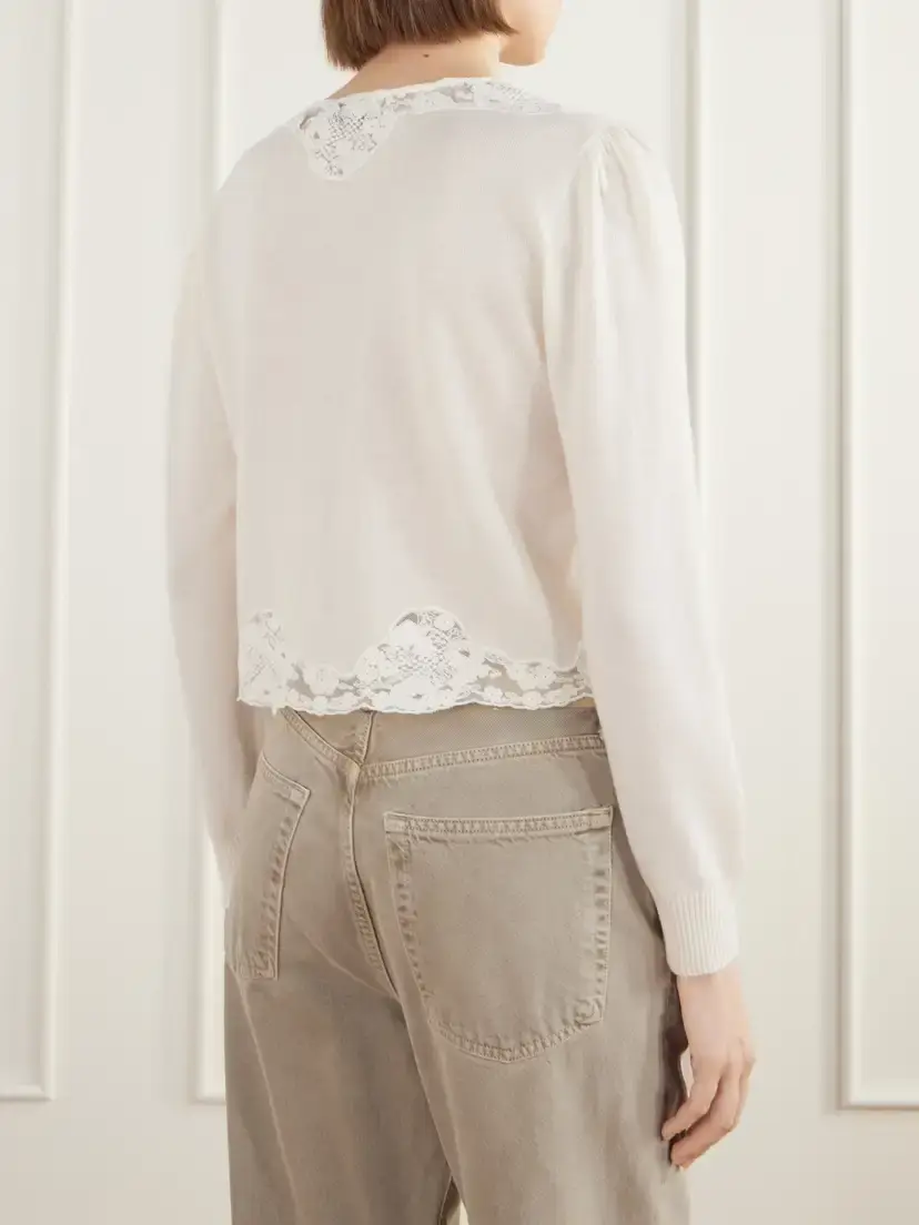 Rixo Tassia Bow-detailed Lace-trimmed Wool And Cashmere-blend Cardigan - Neutrals | Thumbnail 3 Rixo Tassia Bow-detailed Lace-trimmed Wool And Cashmere-blend Cardigan - Neutrals | Thumbnail 3