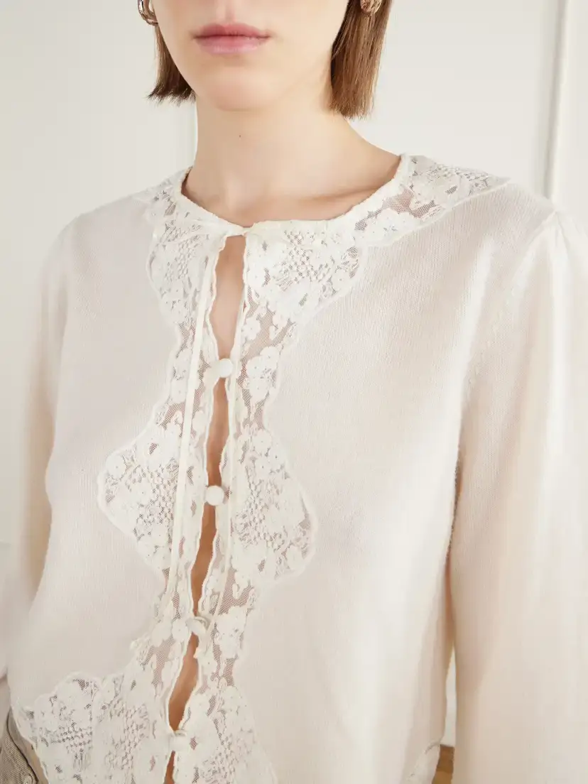 Rixo Tassia Bow-detailed Lace-trimmed Wool And Cashmere-blend Cardigan - Neutrals | Thumbnail 4 Rixo Tassia Bow-detailed Lace-trimmed Wool And Cashmere-blend Cardigan - Neutrals | Thumbnail 4