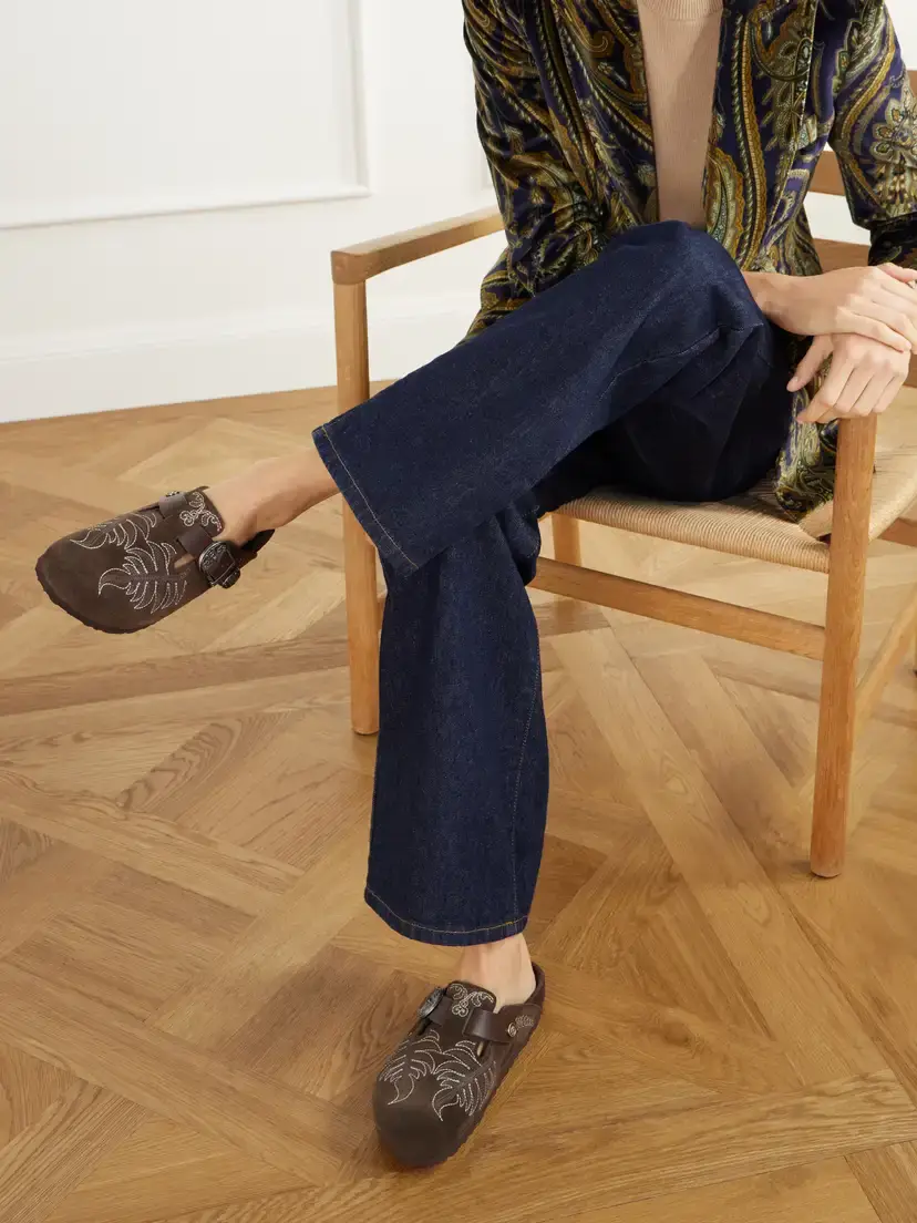 Etro + Birkenstock Boston Embroidered Leather-trimmed Suede Mules | Thumbnail 2 Etro + Birkenstock Boston Embroidered Leather-trimmed Suede Mules | Thumbnail 2