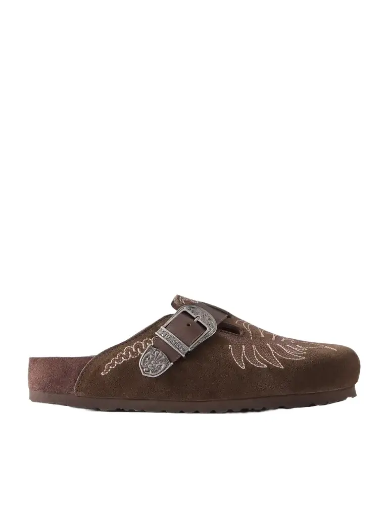 + Birkenstock Boston Embroidered Leather-trimmed Suede Mules