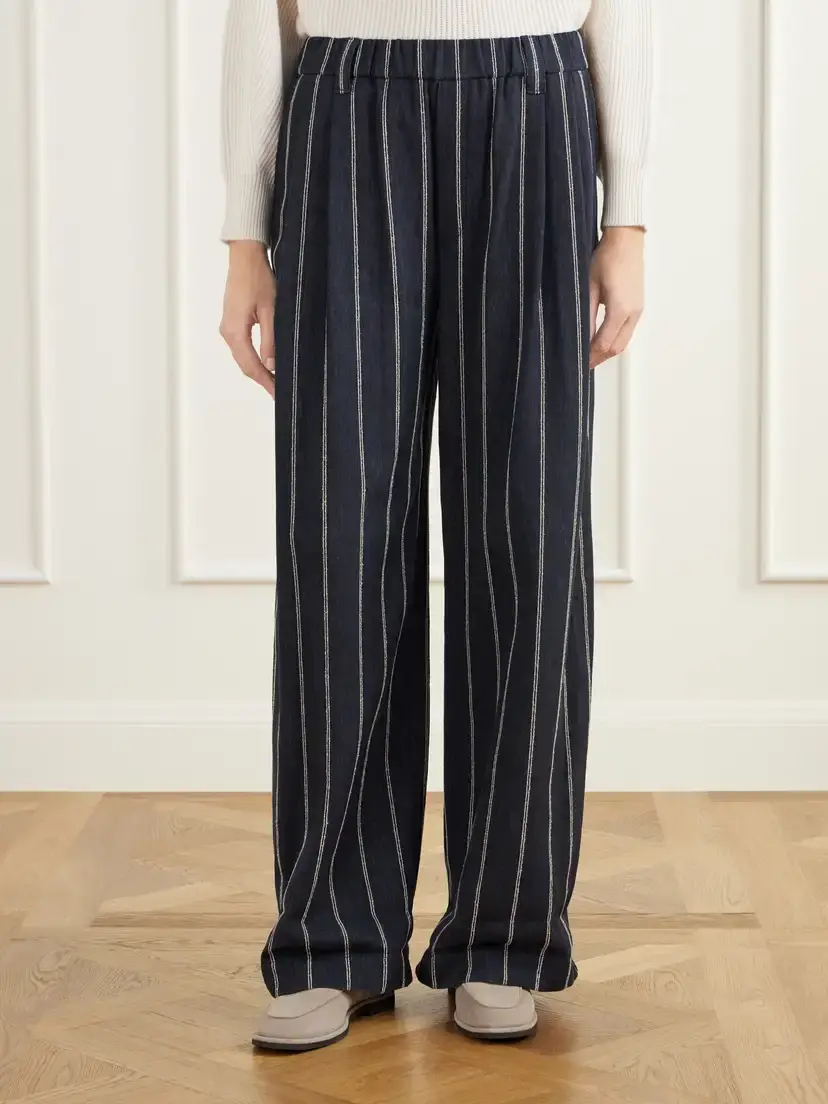 Brunello Cucinelli Pleated Pinstriped Cotton-blend Twill Wide-leg Pants | Thumbnail 3