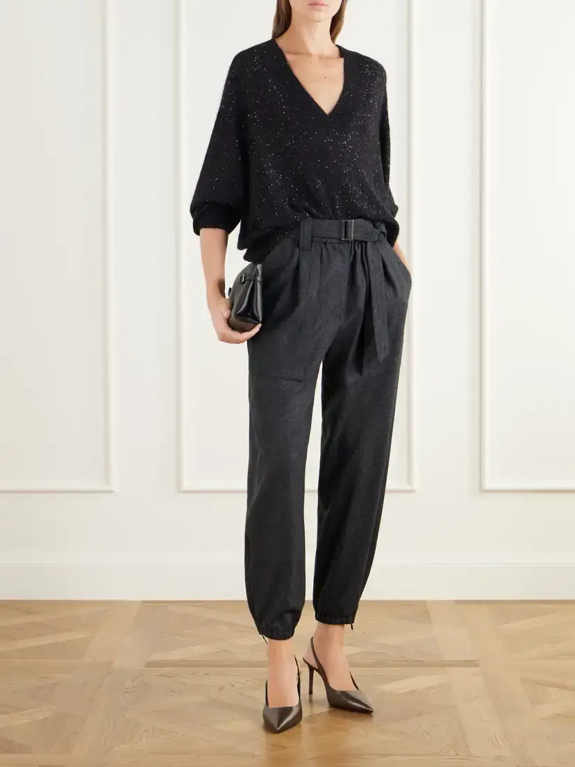 Brunello Cucinelli Belted Felted Wool And Cashmere-blend Tapered Pants | Thumbnail 2 Brunello Cucinelli Belted Felted Wool And Cashmere-blend Tapered Pants | Thumbnail 2