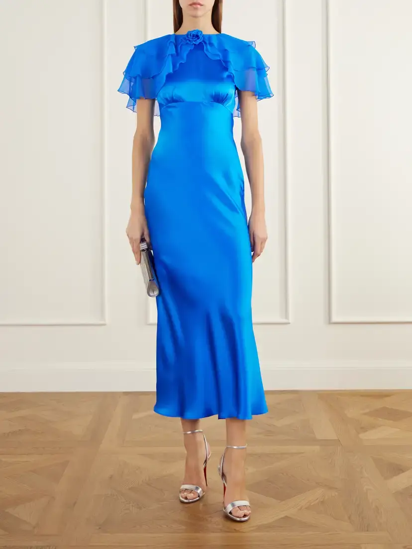 Rodarte Ruffled Cape-effect Floral-appliquéd Silk-satin Midi Dress | Thumbnail 2 Rodarte Ruffled Cape-effect Floral-appliquéd Silk-satin Midi Dress | Thumbnail 2