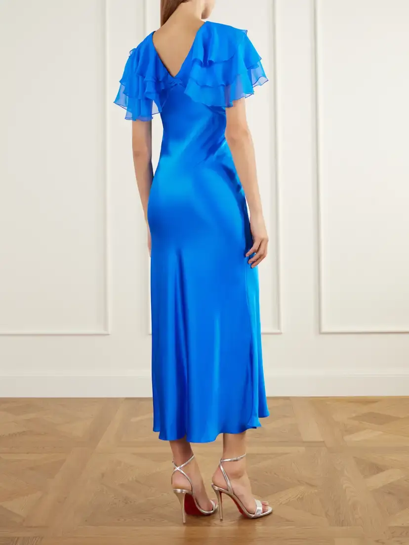Rodarte Ruffled Cape-effect Floral-appliquéd Silk-satin Midi Dress | Thumbnail 3 Rodarte Ruffled Cape-effect Floral-appliquéd Silk-satin Midi Dress | Thumbnail 3