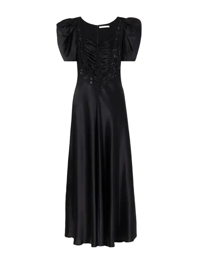 Rodarte Ruched Lace-trimmed Silk-satin Gown