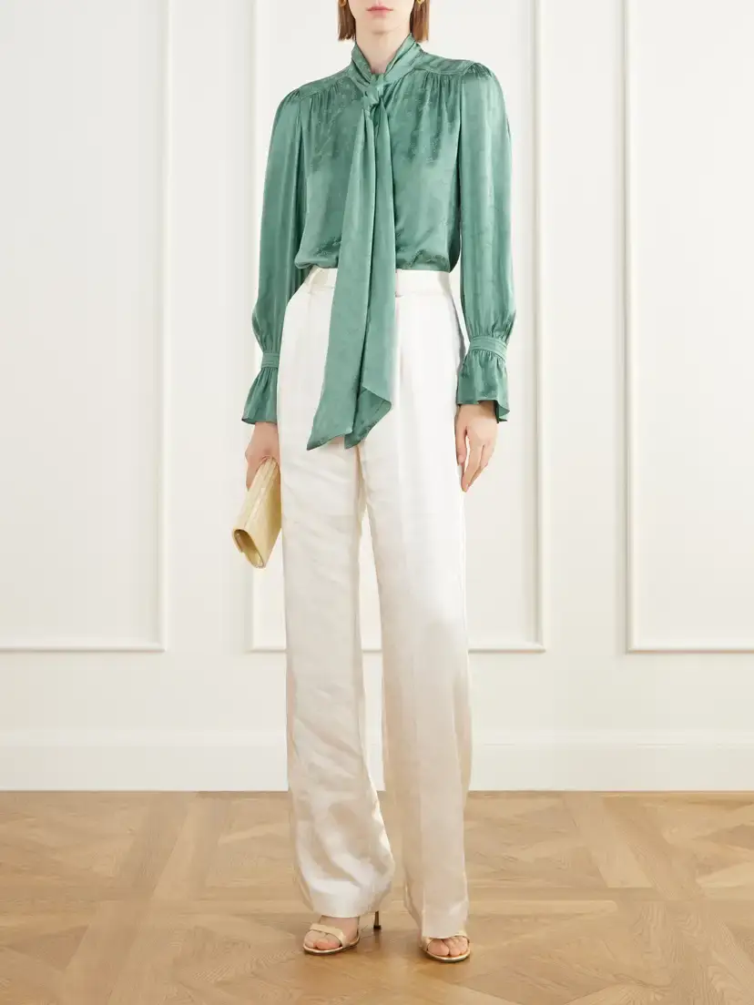 Rixo Evanora Pussy-bow Gathered Floral-jacquard Satin Blouse | Thumbnail 2 Rixo Evanora Pussy-bow Gathered Floral-jacquard Satin Blouse | Thumbnail 2