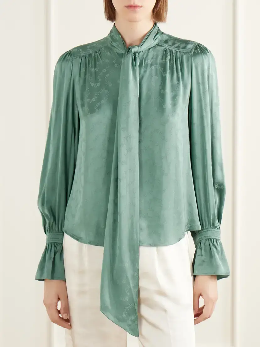 Rixo Evanora Pussy-bow Gathered Floral-jacquard Satin Blouse | Thumbnail 3 Rixo Evanora Pussy-bow Gathered Floral-jacquard Satin Blouse | Thumbnail 3