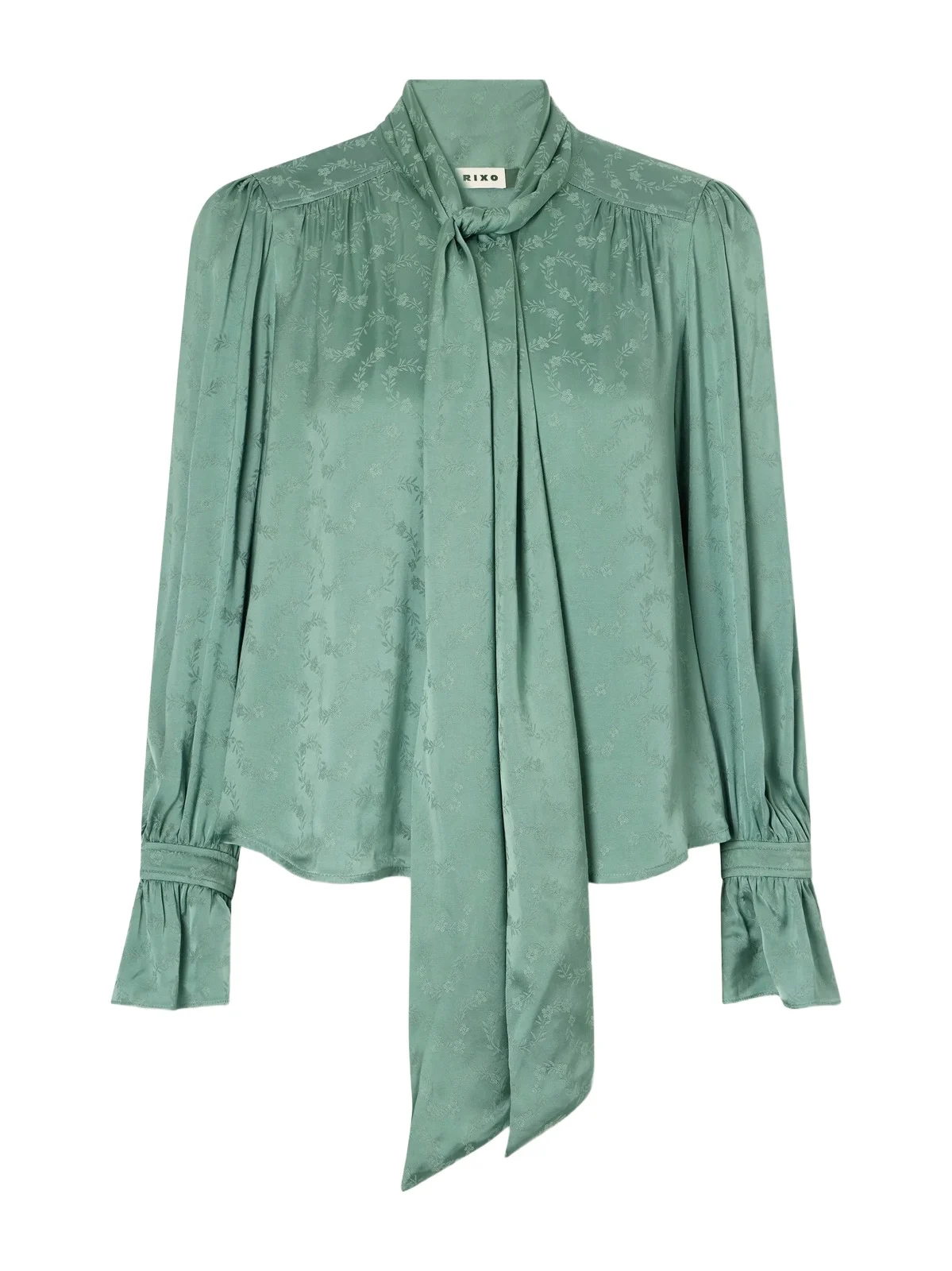 Rixo Evanora Pussy-bow Gathered Floral-jacquard Satin Blouse