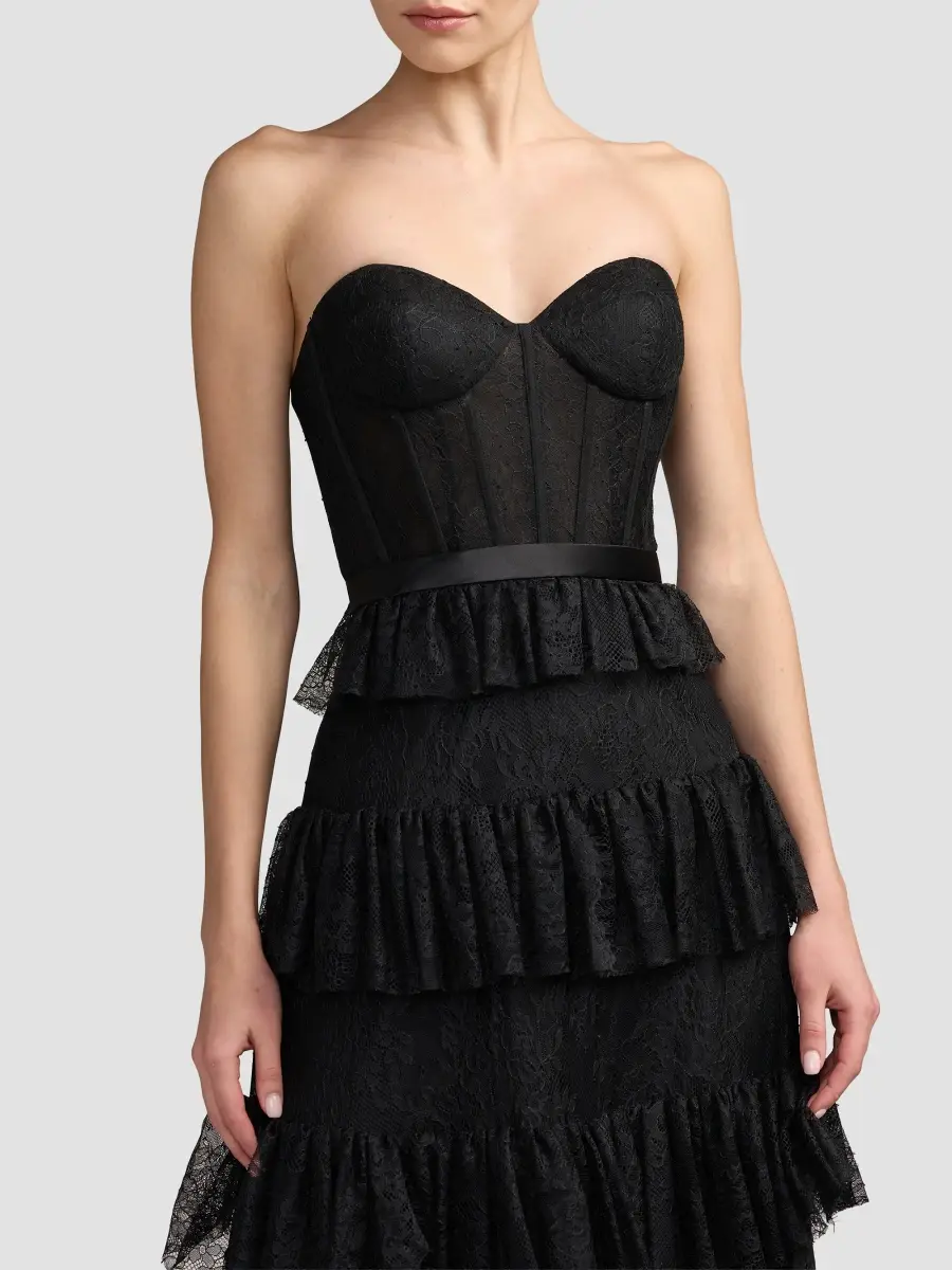 Mac Duggal Women's Ruffled Bustier Lace Strapless Midi Dress | Thumbnail 4