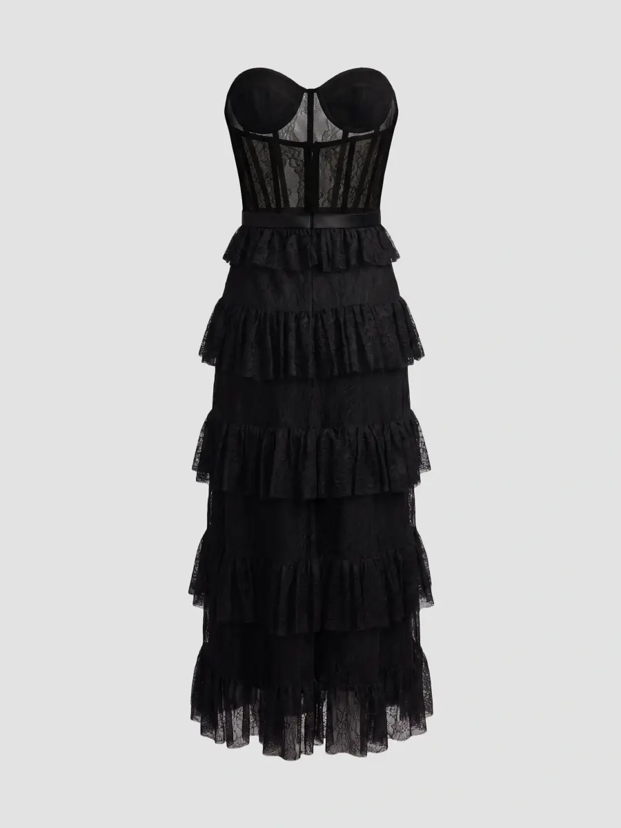 Mac Duggal Women's Ruffled Bustier Lace Strapless Midi Dress | Thumbnail 6
